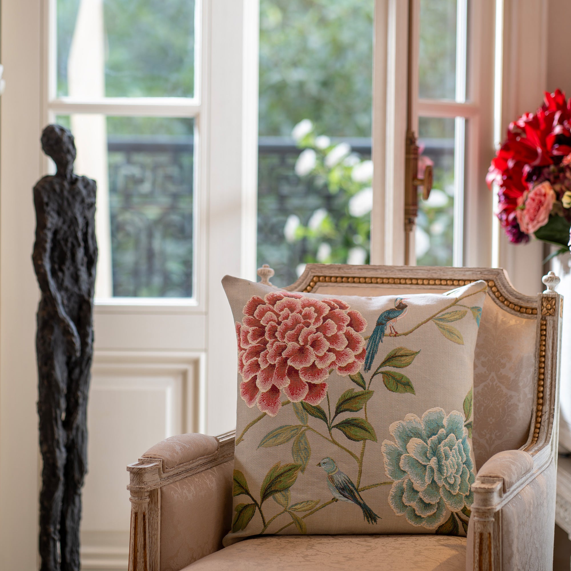 Blue Birds Flowers Tapestry Cushion Cover