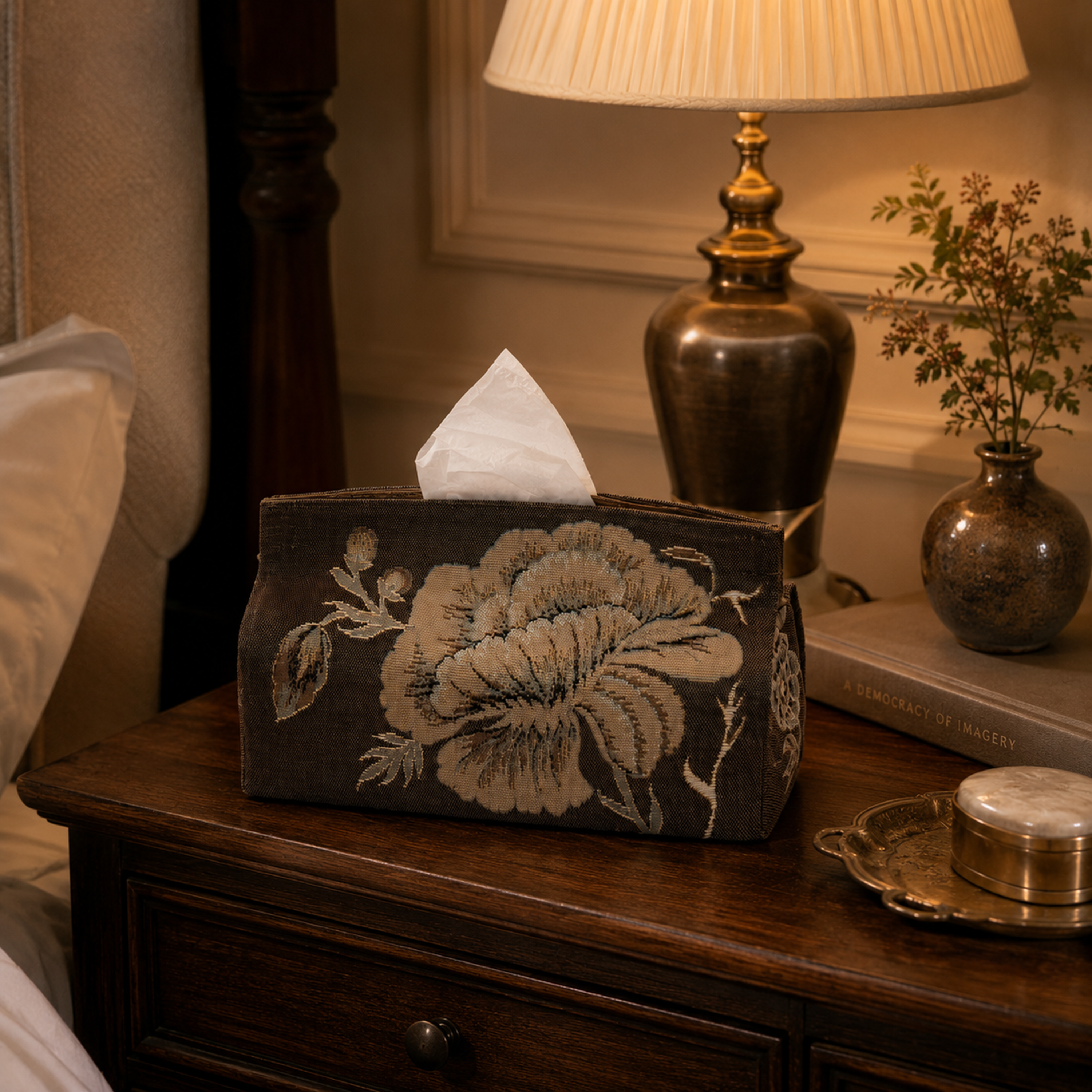 Flowers Tapestry Tissue Box Brown