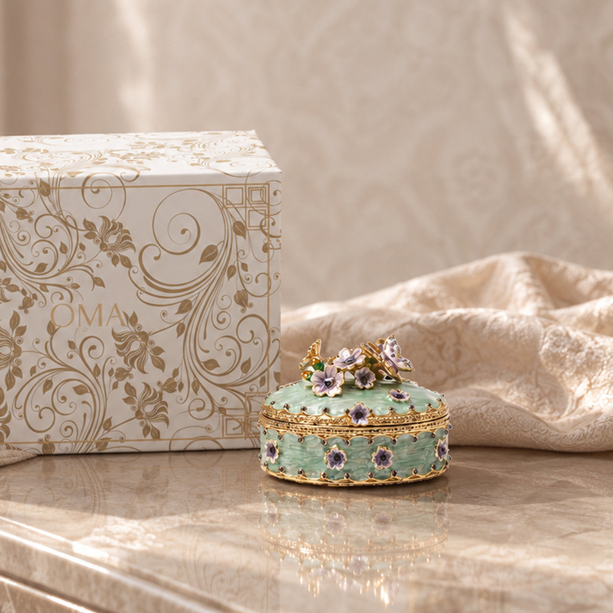 Evaa Floral Trinket Box Green
