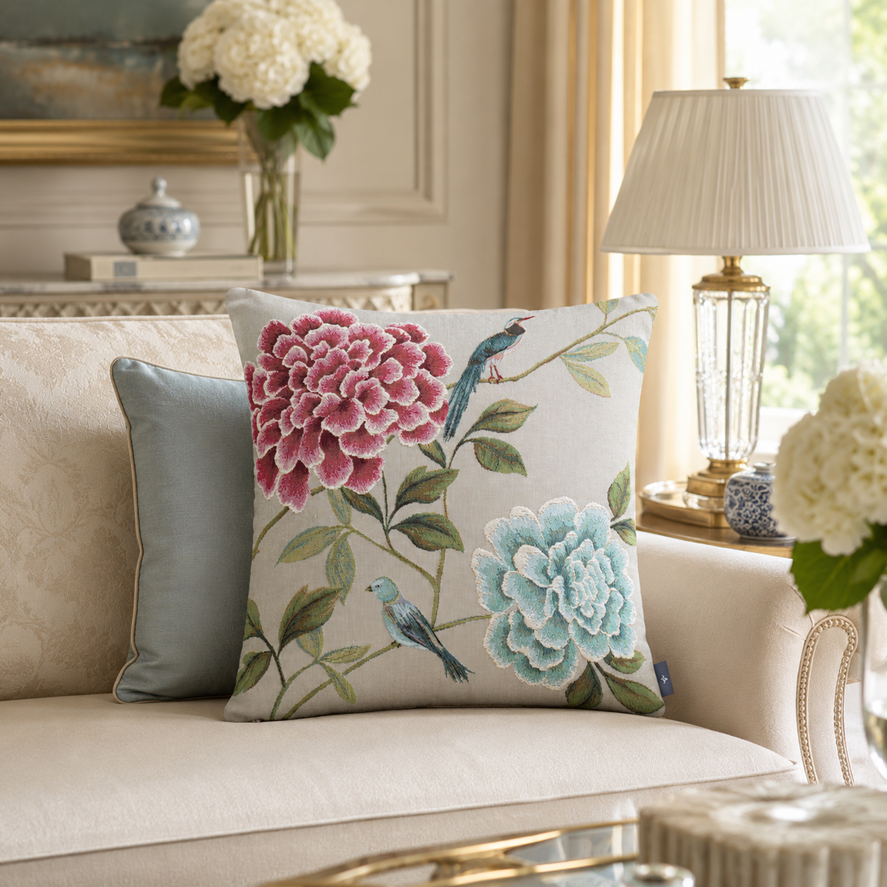Blue Birds Flowers Tapestry Cushion Cover