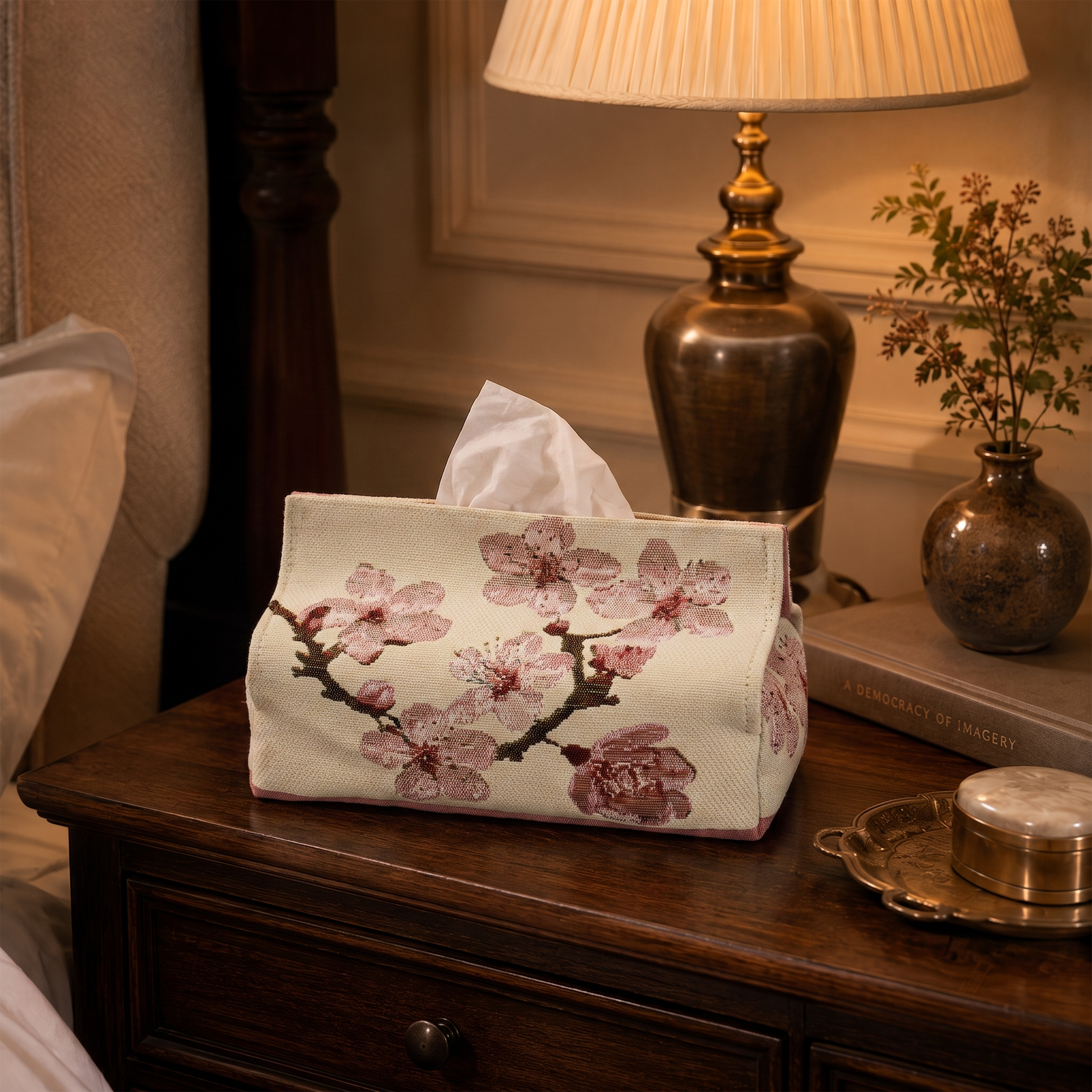 Flowers Tapestry Tissue Box White