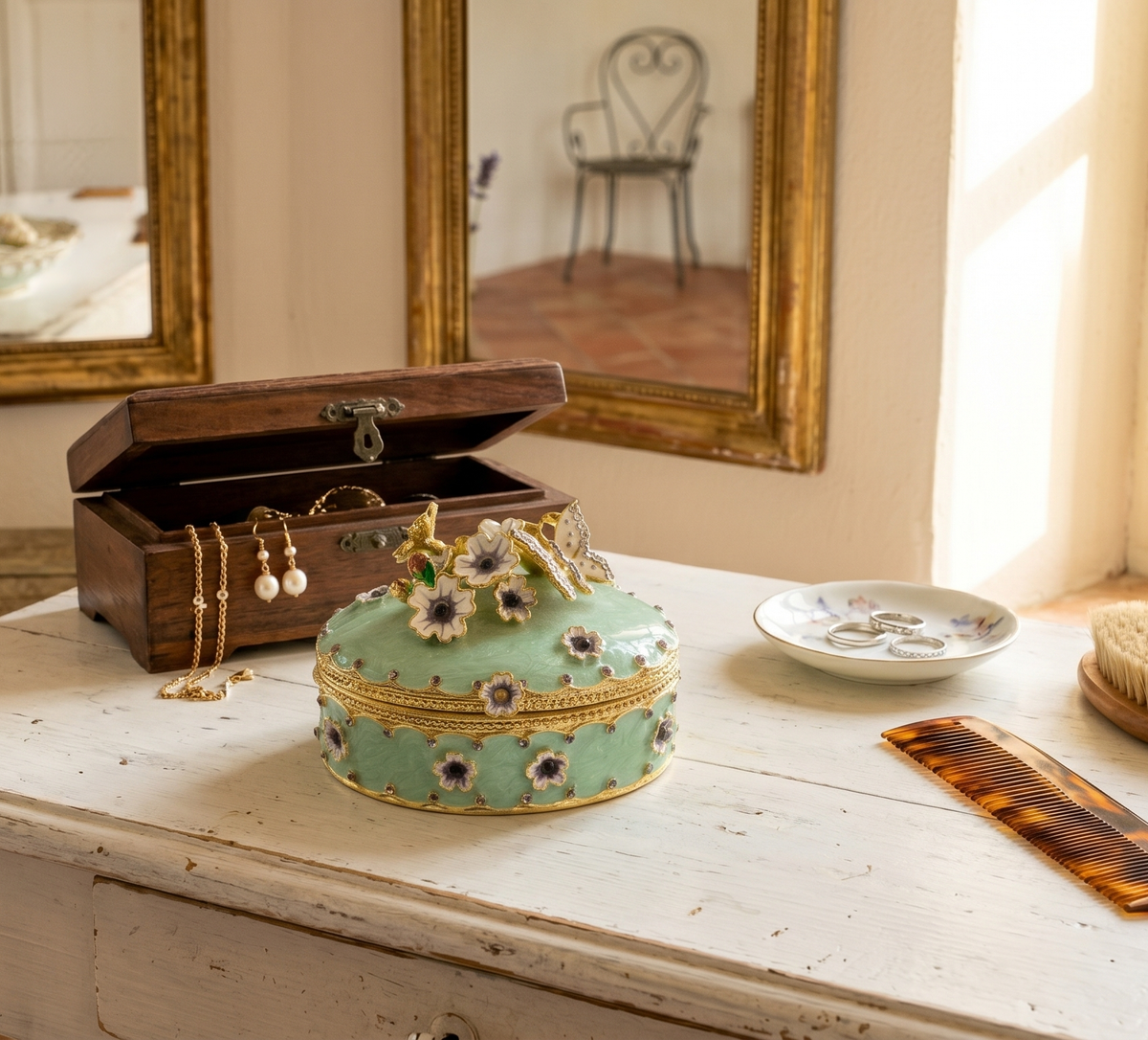 Evaa Floral Trinket Box Green