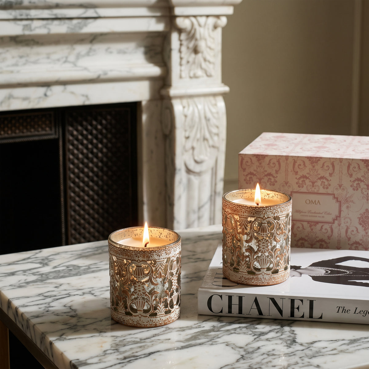 Bezel Rouge Antique white Candle S/2